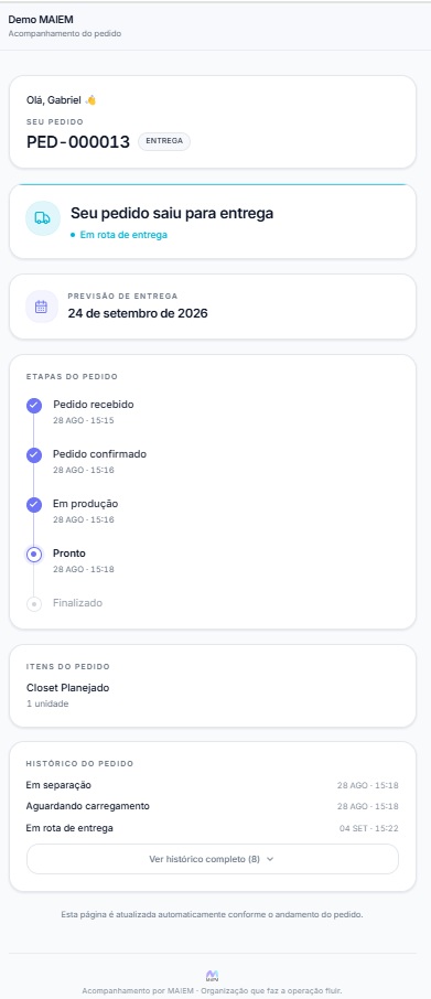 Página pública de acompanhamento do pedido da MAIEM, com status, previsão de entrega e etapas